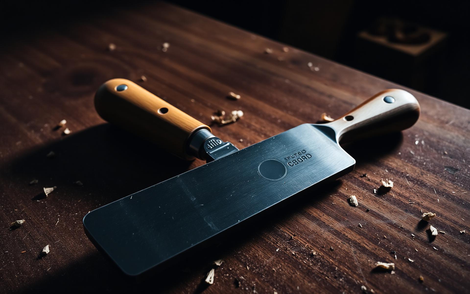 A forged bench chisel resting on a walnut workbench